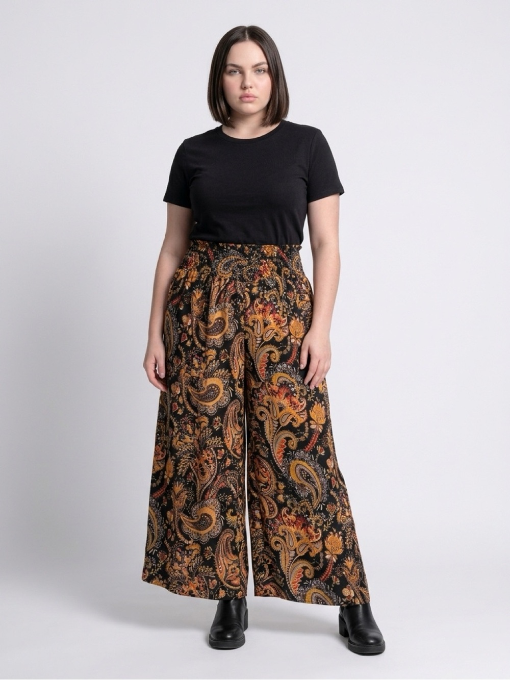 Black Paisley Wide-Leg Palazzo Pants with Gold & Rust Motif